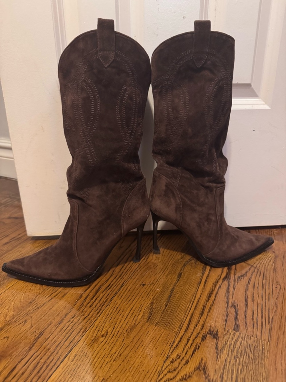 Women's Brown Suede Pointed-Toe Western High-Heel Boots - Picture 4 of 7
